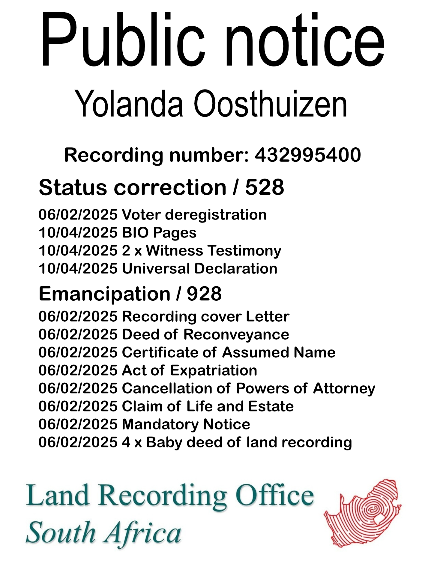 Public Notice Yolanda Oosthuizen (c) Recording number 432995400